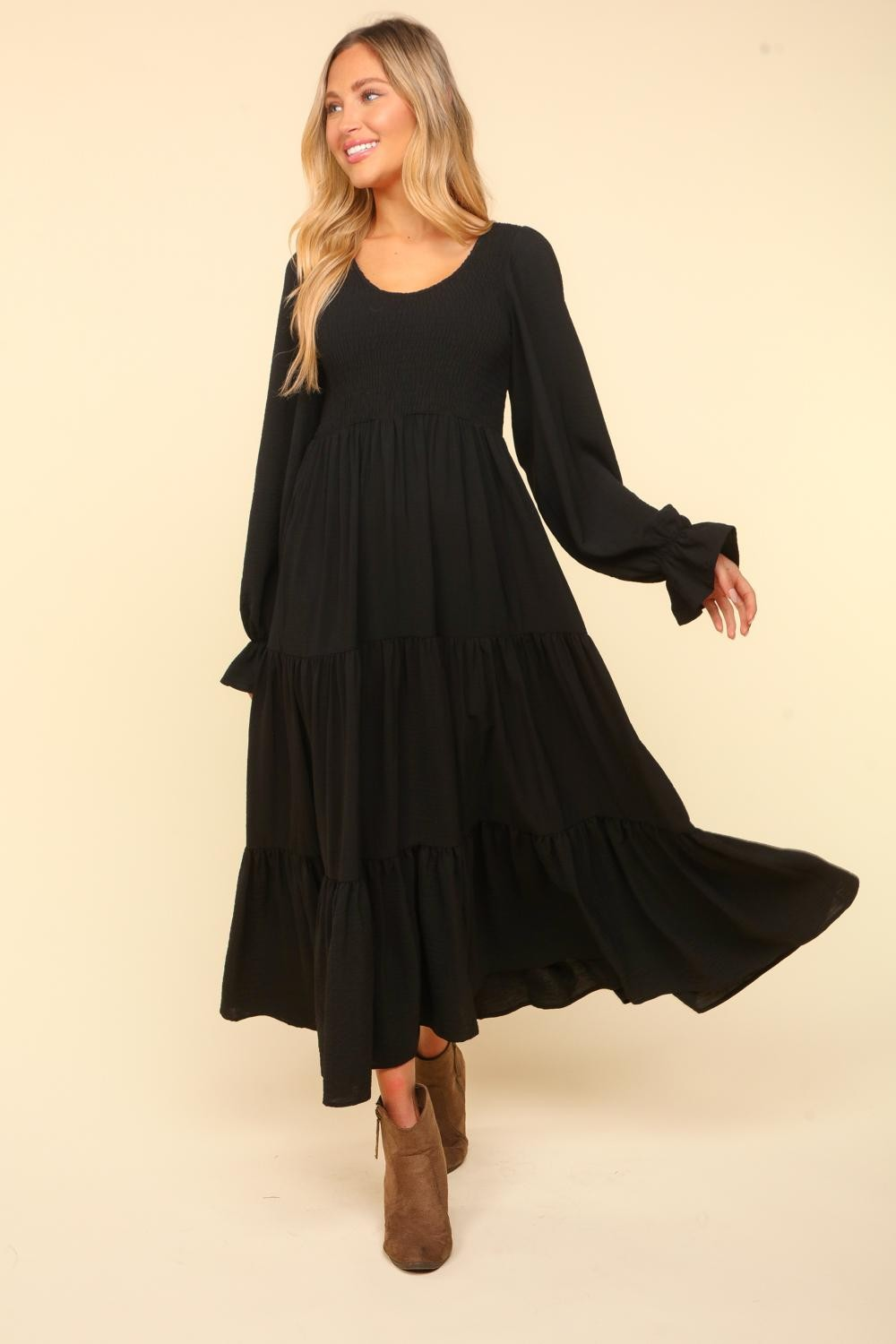 Smocking Maxi Woven Dress with Side Pockets in Black - Haptics