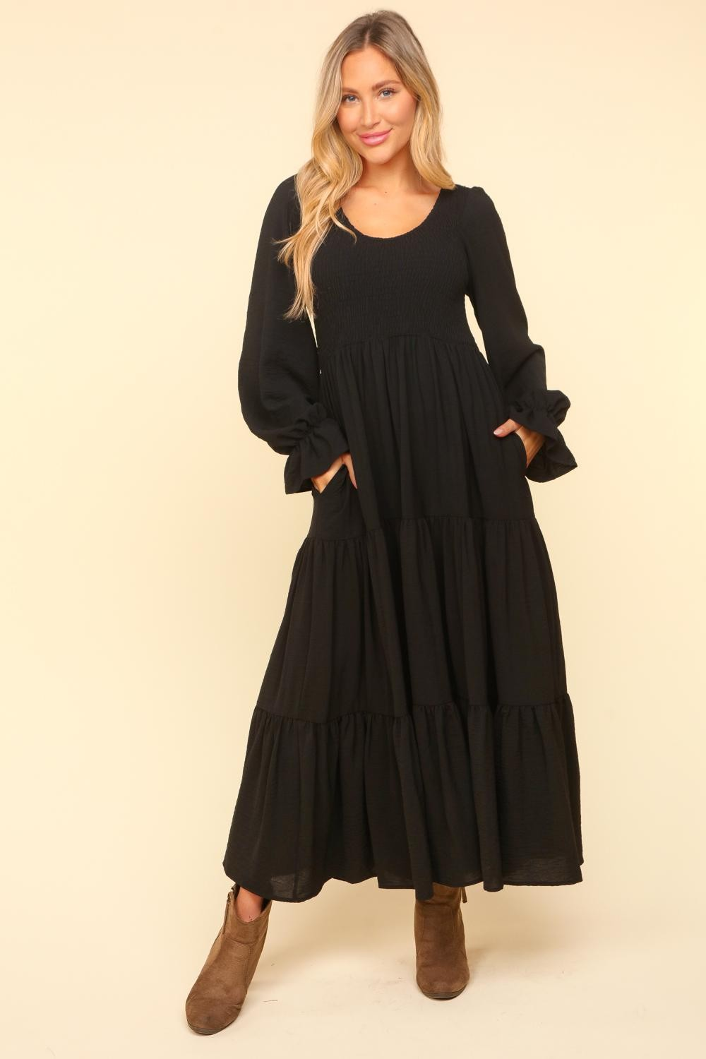 Smocking Maxi Woven Dress with Side Pockets in Black - Haptics