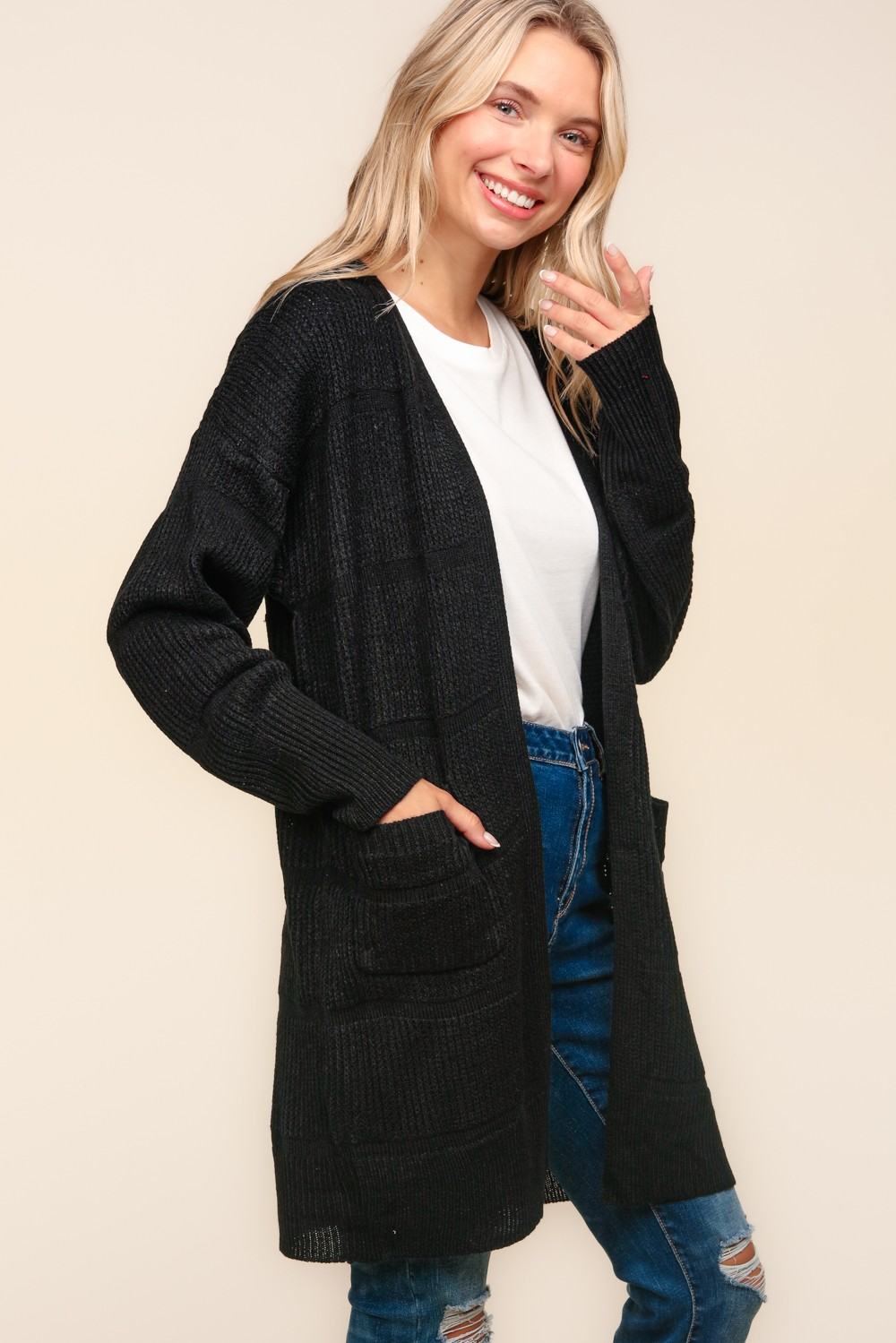 Stripe Textured Open Cardigan with Pockets in Black - Haptics