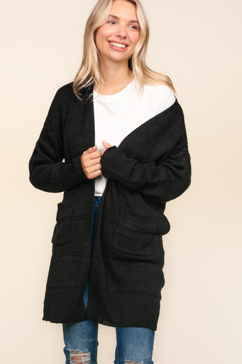 Stripe Textured Open Cardigan with Pockets in Black - Haptics