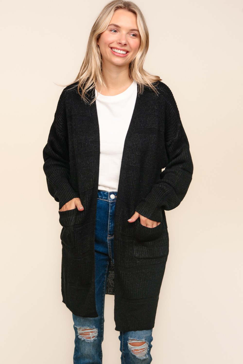 Stripe Textured Open Cardigan with Pockets in Black - Haptics