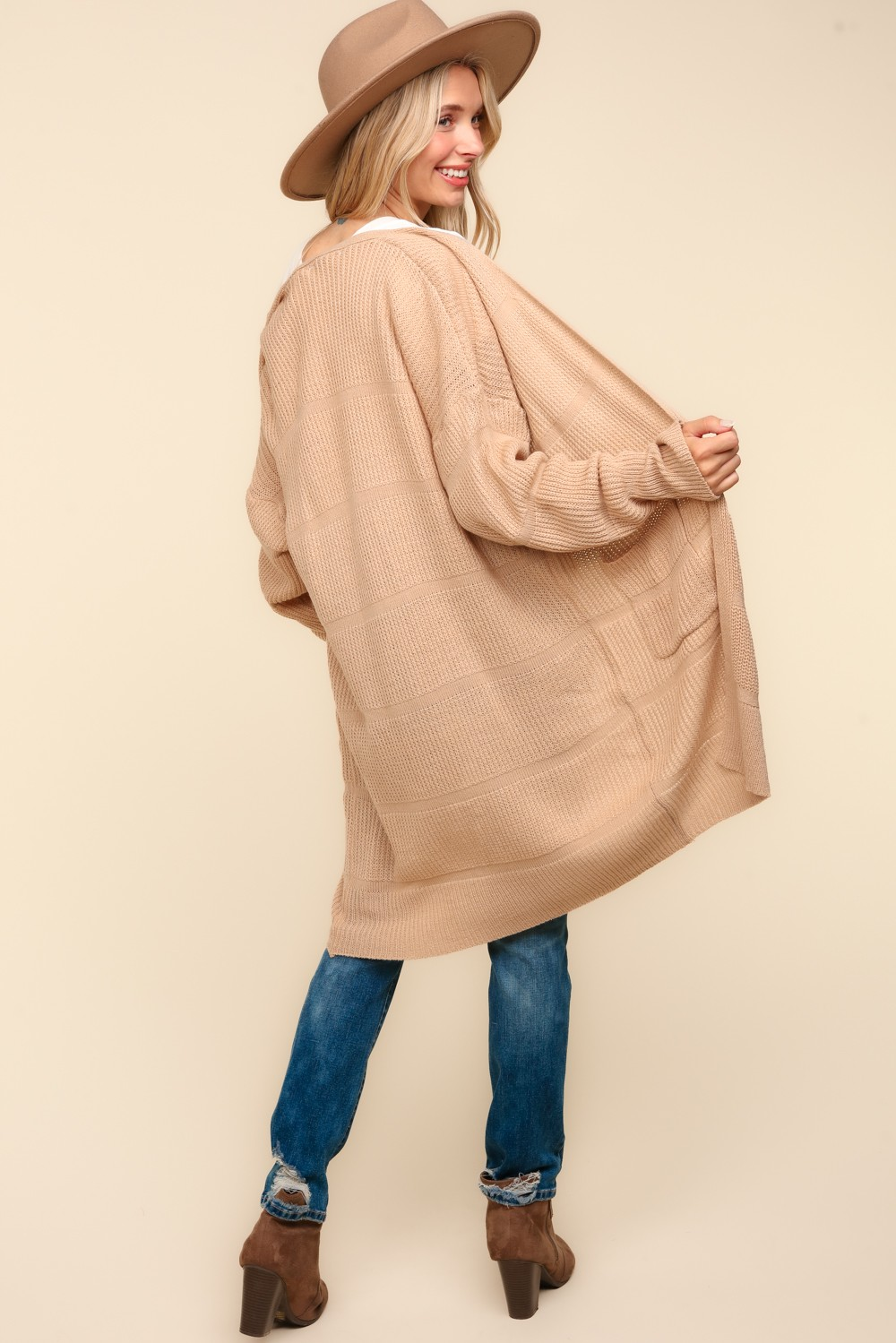 Stripe Textured Open Cardigan with Pockets in Taupe - Haptics