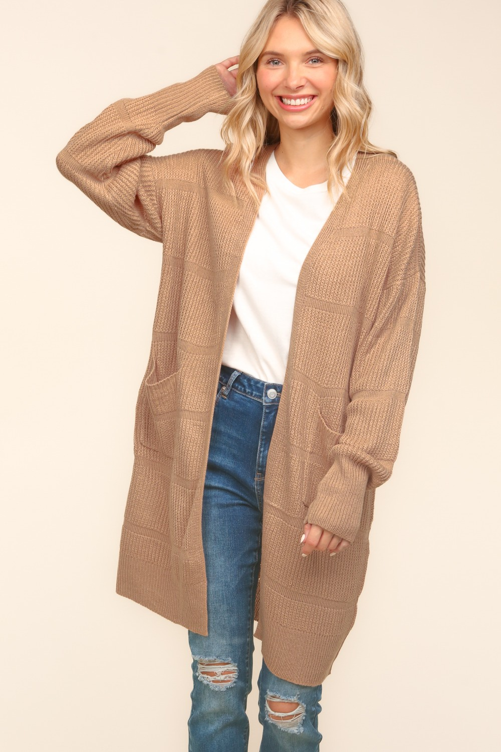 Stripe Textured Open Cardigan with Pockets in Taupe - Haptics