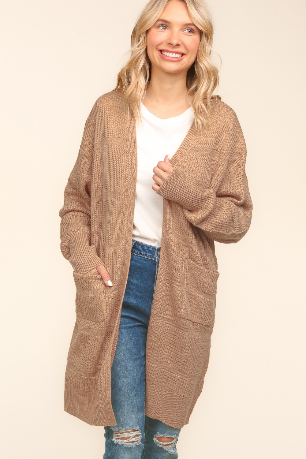 Stripe Textured Open Cardigan with Pockets in Taupe - Haptics