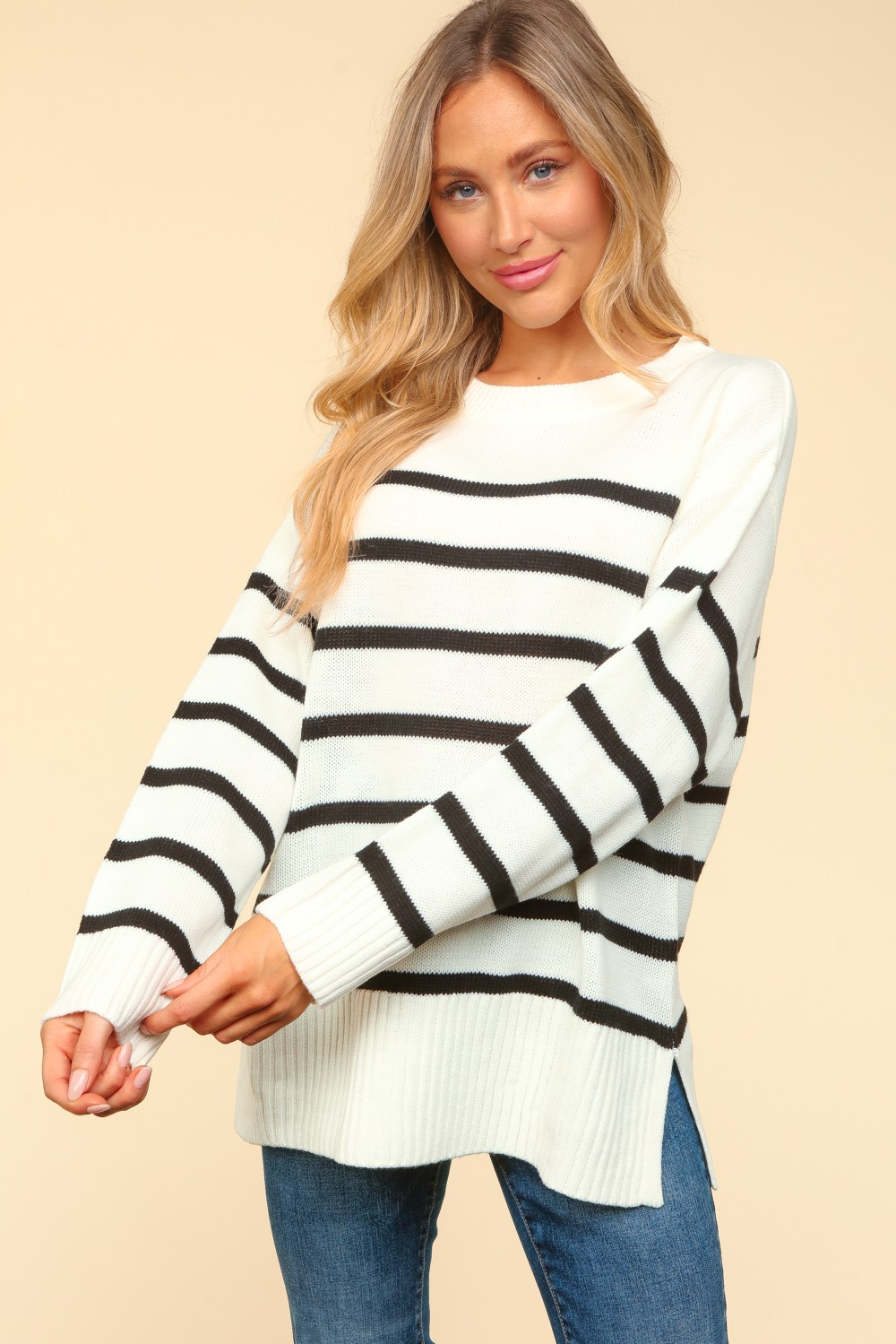 Oversized Pullover Stripe Sweater Knit Top - Haptics