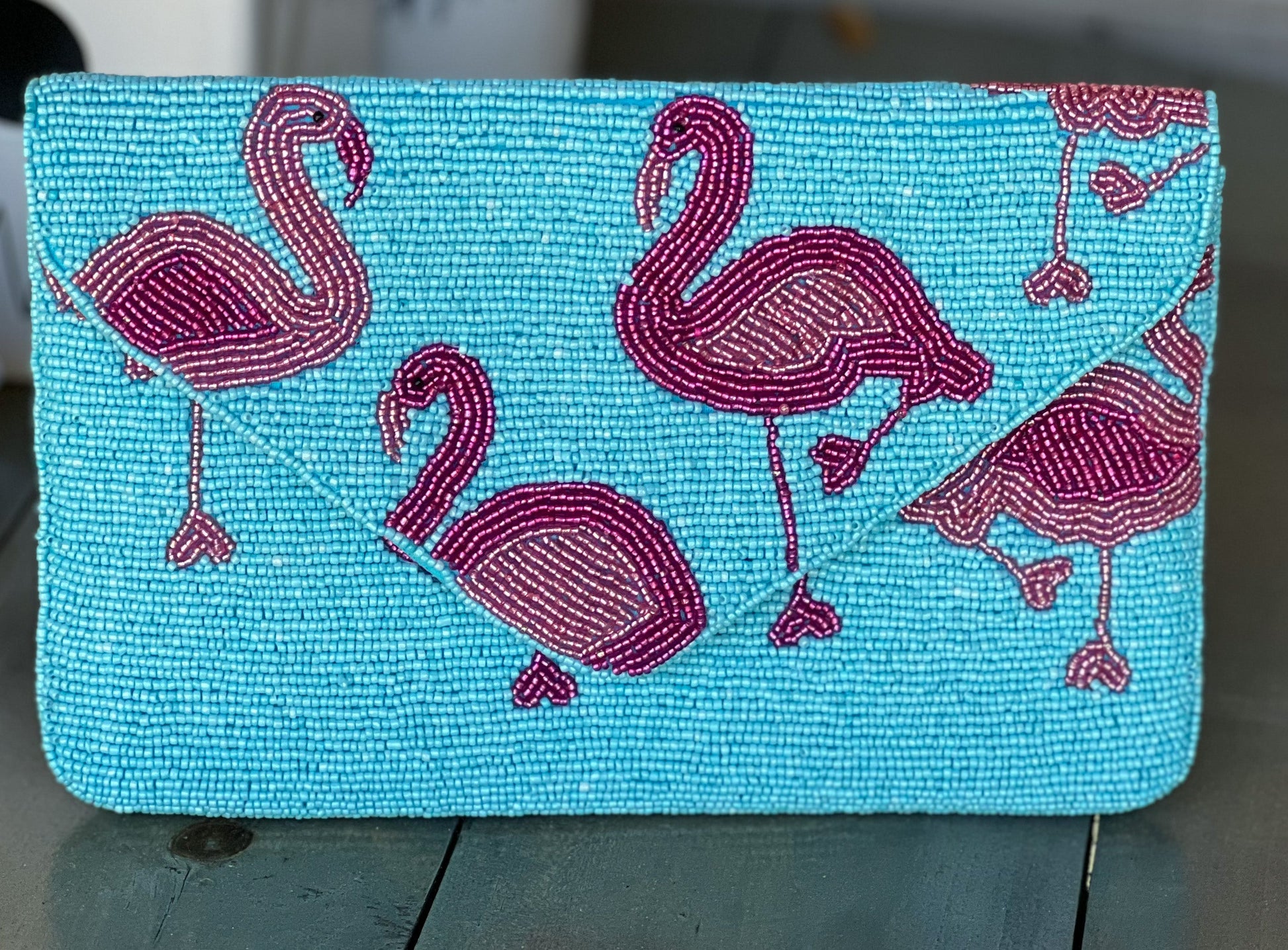 Flamingo Turquoise Seed Beaded Clutch Bag