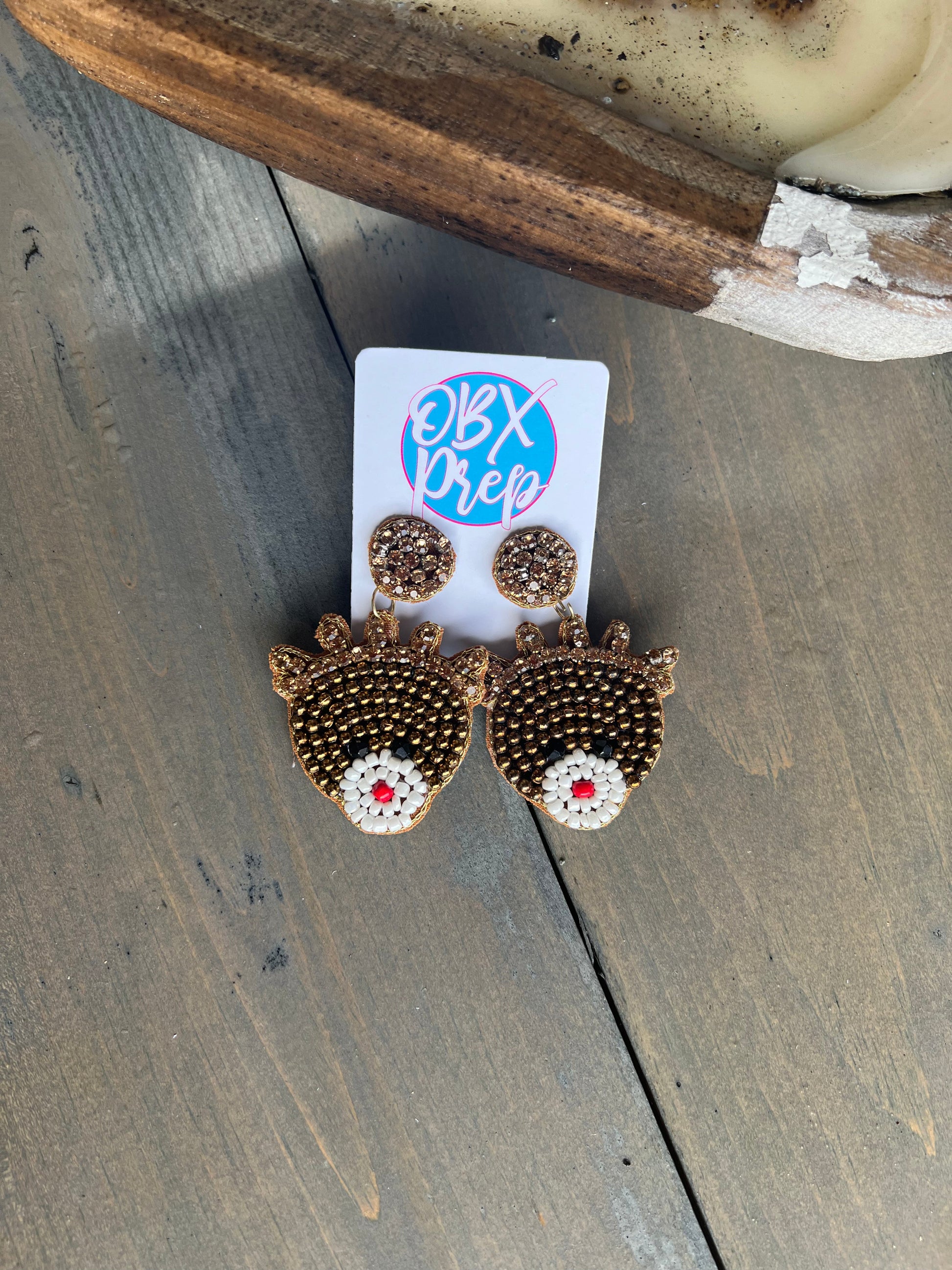 Gold Rudolph Reindeer Beaded Dangle Earrings