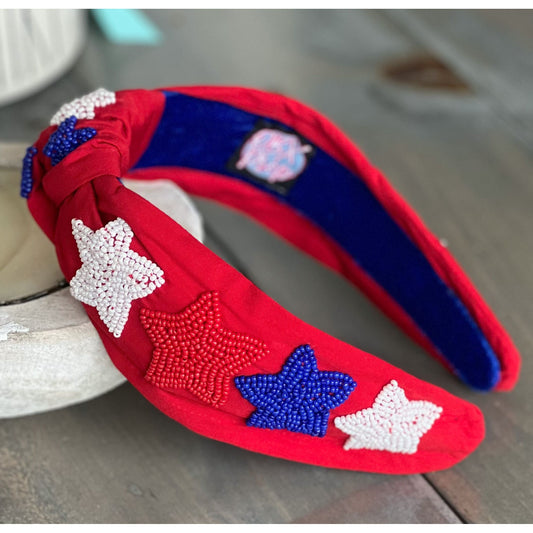Patriotic Stars Red Seed Bead Front Knot Headband