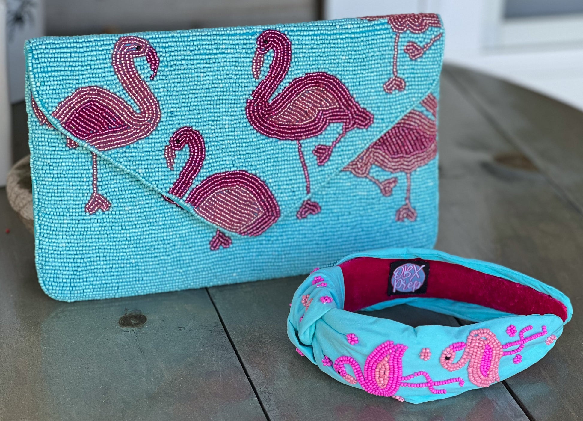 Flamingo Turquoise Seed Beaded Clutch Bag