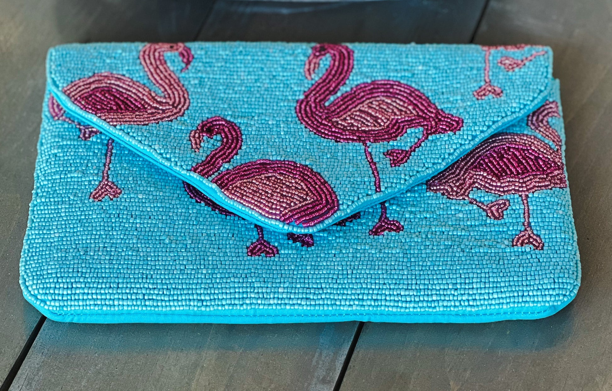 Flamingo Turquoise Seed Beaded Clutch Bag