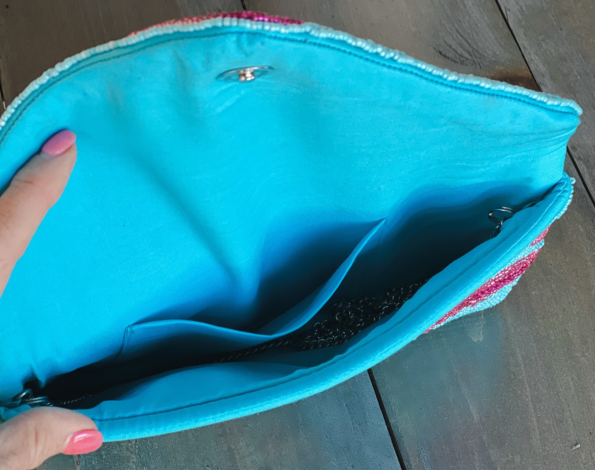 Flamingo Turquoise Seed Beaded Clutch Bag