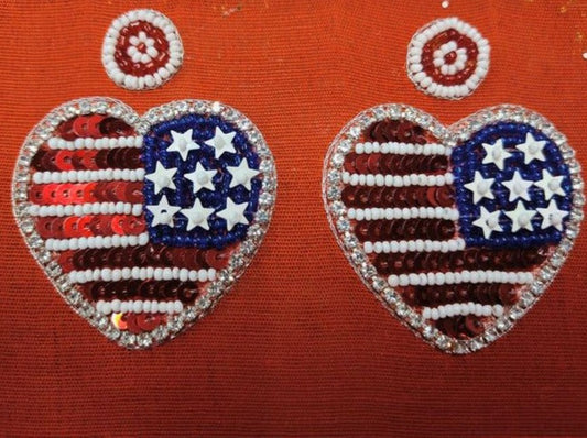American Flag Heart Seed Bead Dangle Earrings