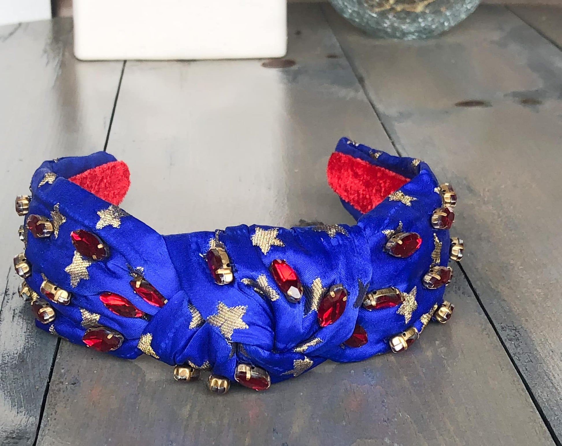 Patriotic Blue and Gold Star Jeweled Top Knot Headband 4th of July