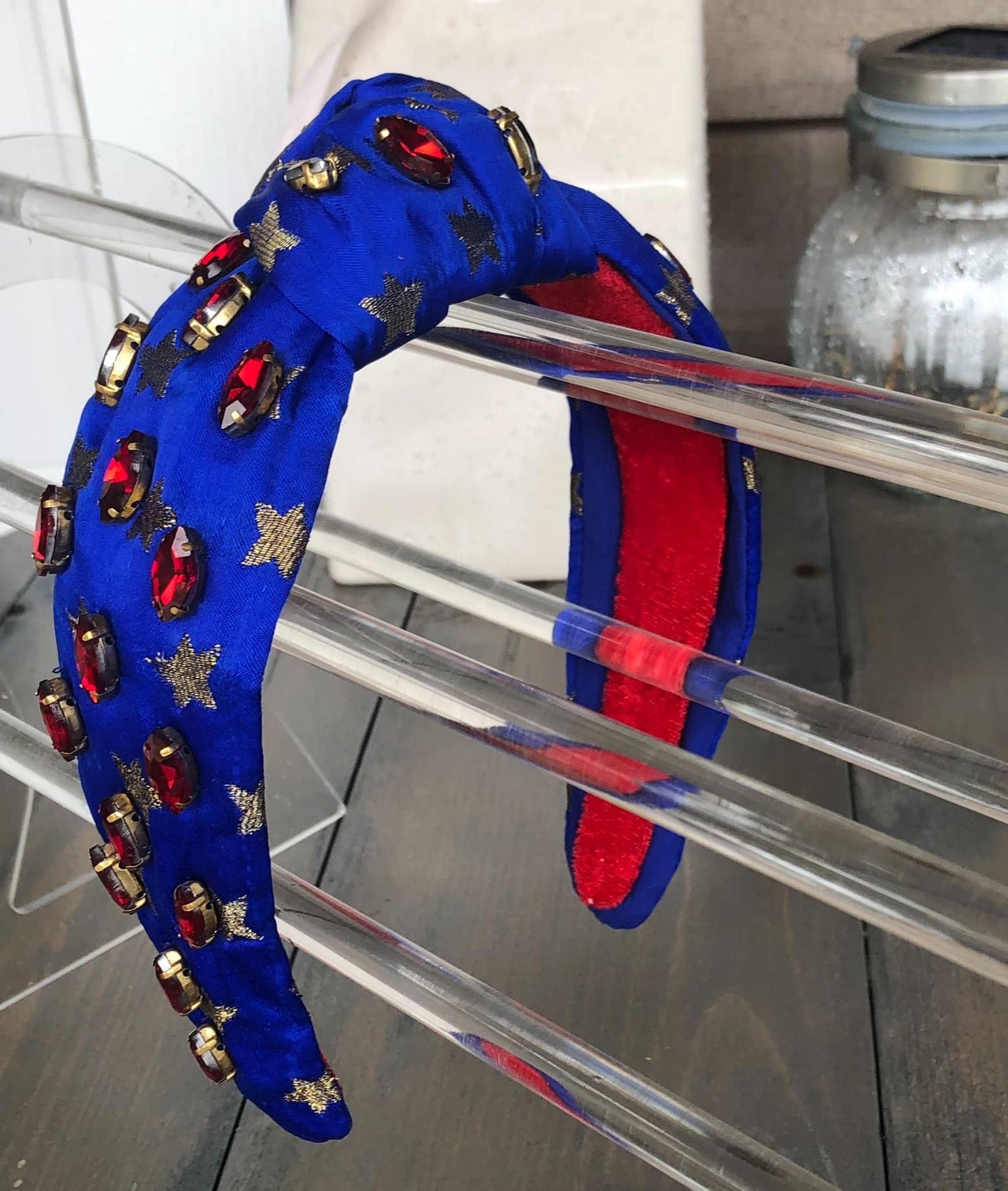 Patriotic Blue and Gold Star Jeweled Top Knot Headband 4th of July
