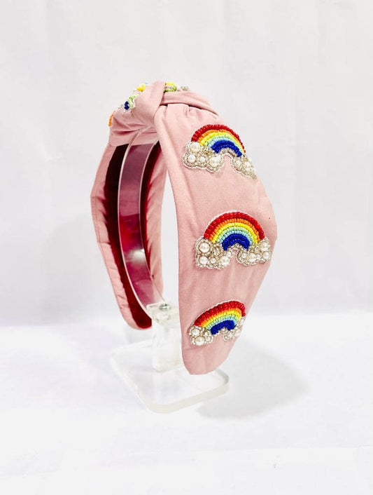 Pink Rainbow Seed Beaded Top Knot Headband