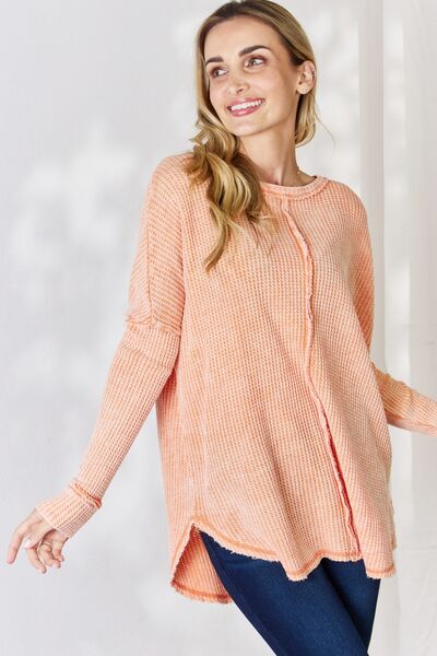 Zenana Oversized Washed Waffle Long Sleeve Top - Light Orange