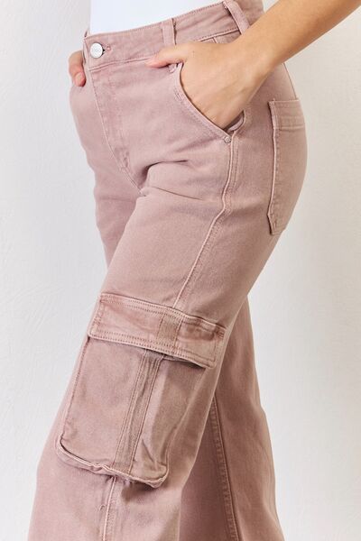 RISEN High Rise Cargo Wide Leg Jeans - Mauve