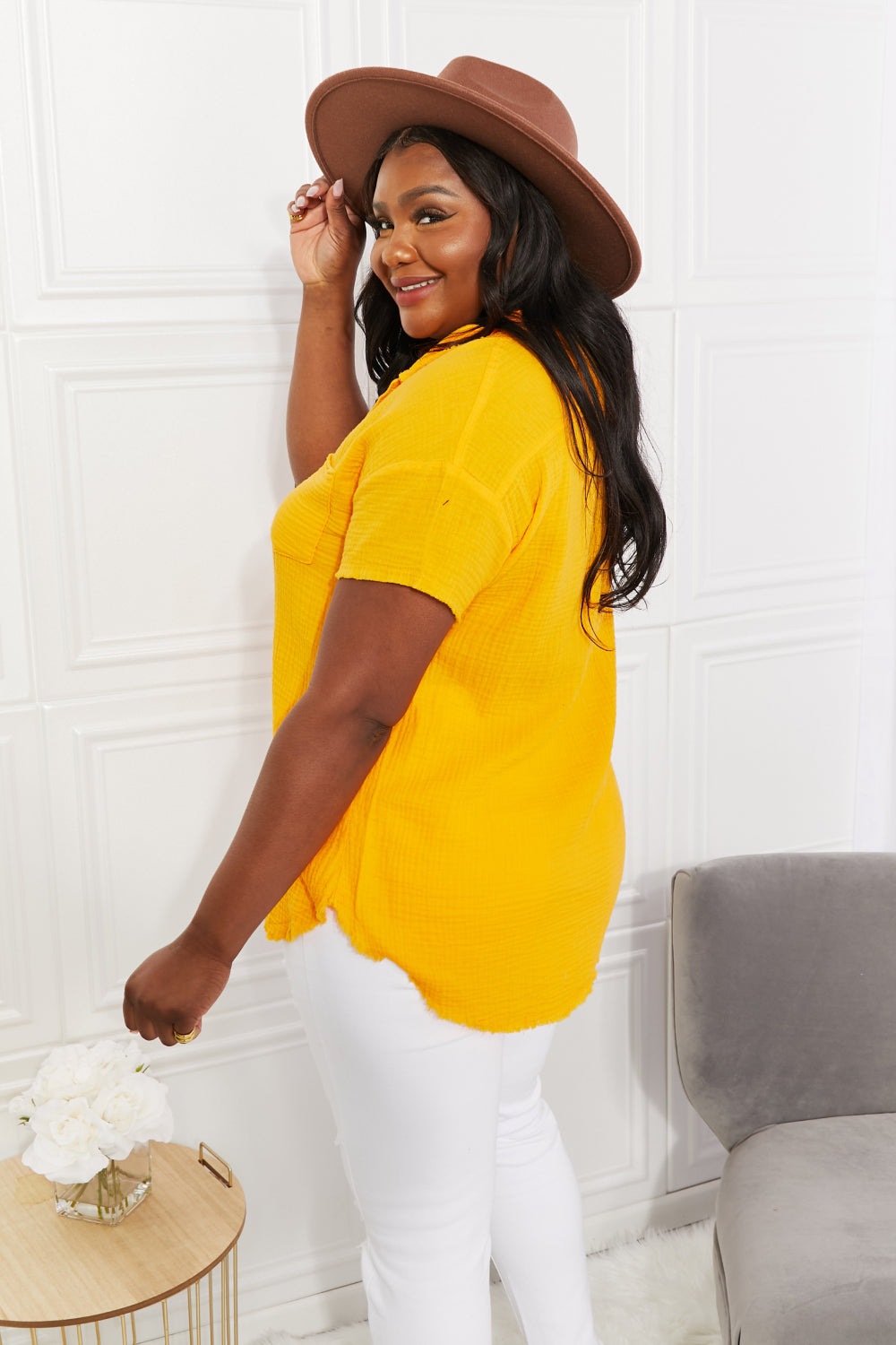 Zenana Summer Breeze Gauze Short Sleeve Shirt in Mustard