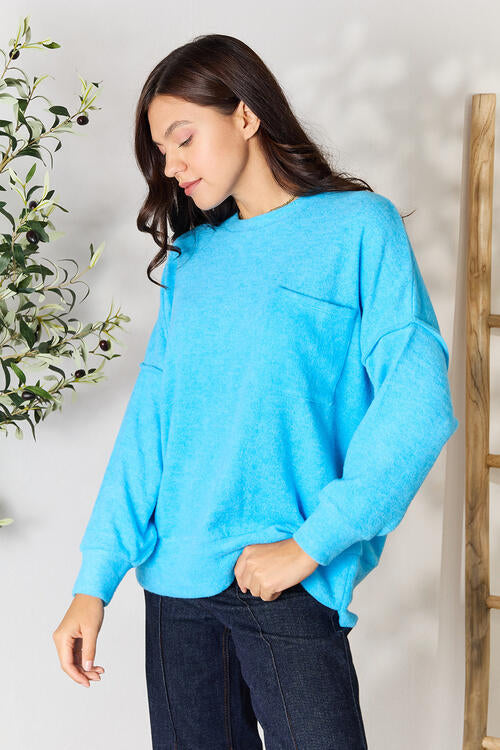 Zenana Round Neck Long Sleeve Sweater with Pocket - Deep Sky