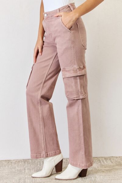 RISEN High Rise Cargo Wide Leg Jeans - Mauve