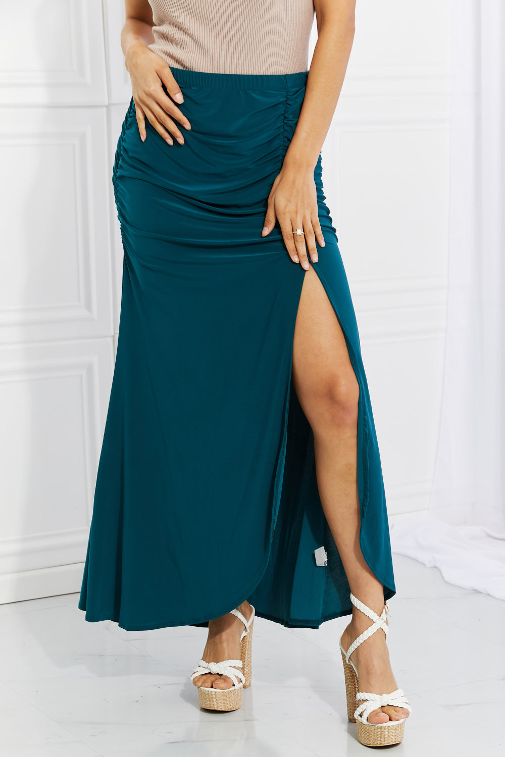 White Birch Up and Up Ruched Slit Maxi Skirt in Teal