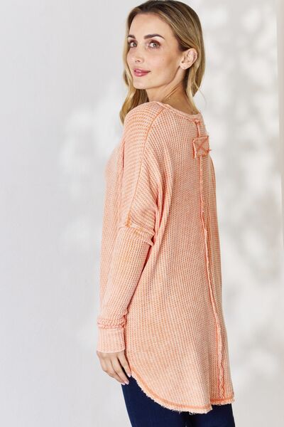 Zenana Oversized Washed Waffle Long Sleeve Top - Light Orange