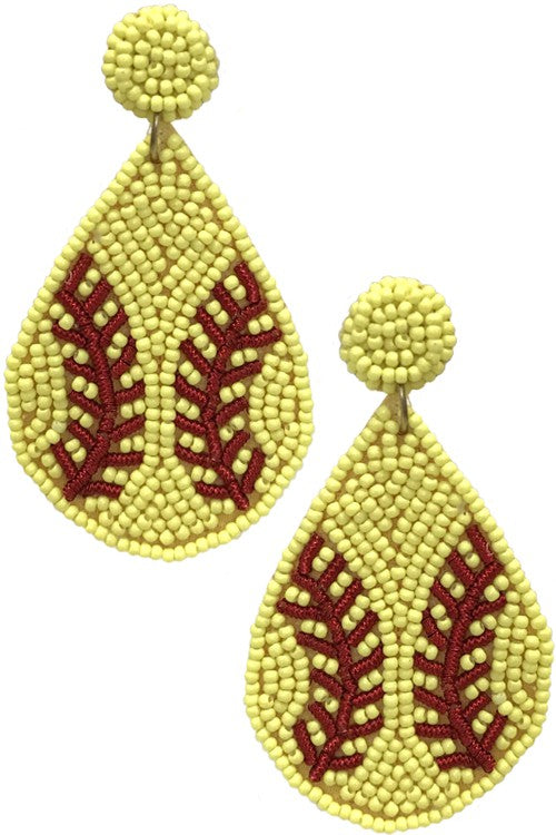 Softball Teardrop Seed Beaded Dangle Earrings