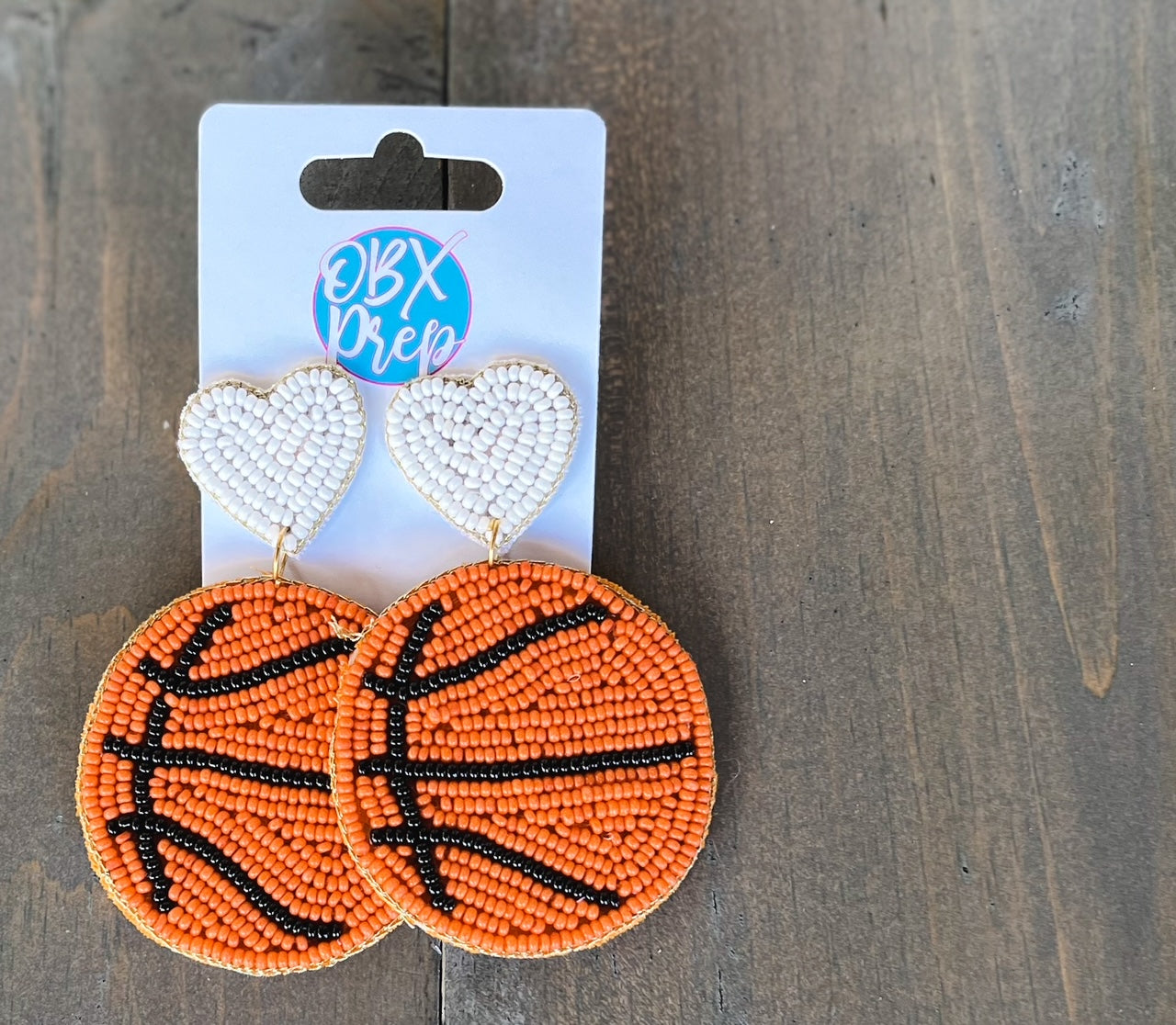 Basketball Heart Seed Bead Dangle Earrings