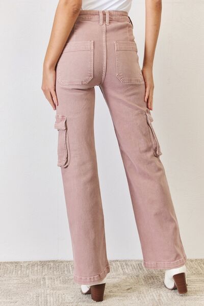 RISEN High Rise Cargo Wide Leg Jeans - Mauve