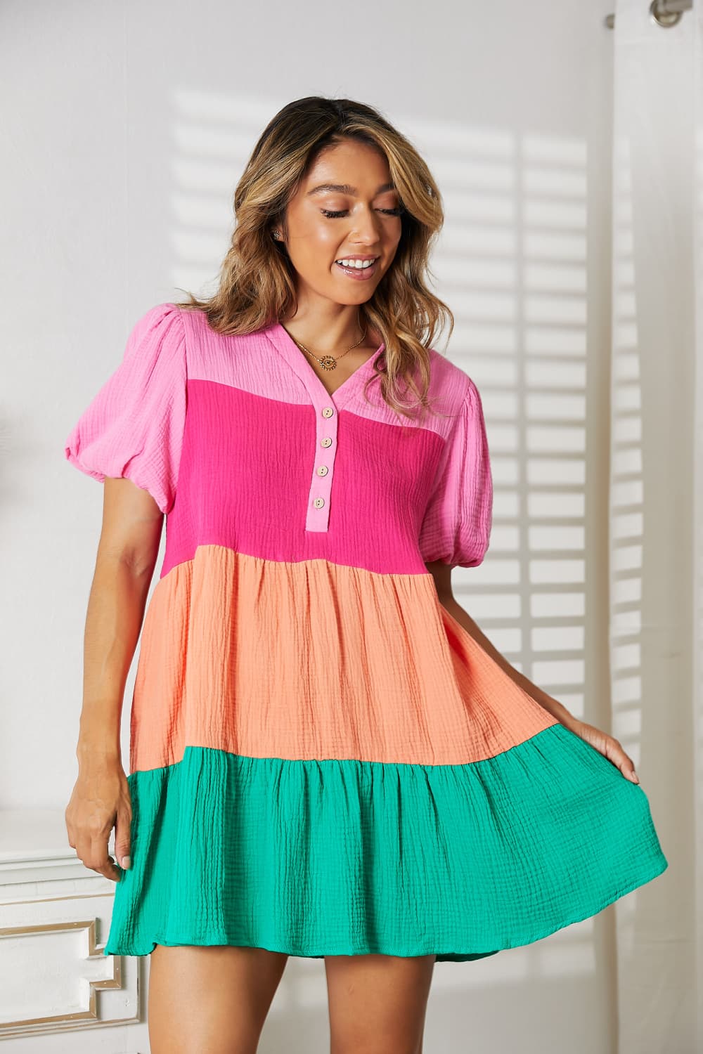 Double Take Color Block Buttoned Puff Sleeve Dress