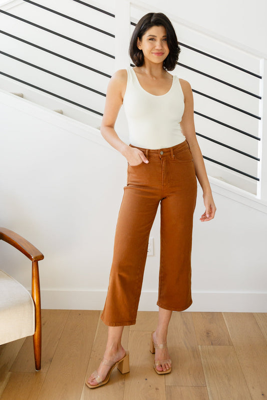 Briar High Rise Control Top Wide Leg Crop Jeans in Camel - Judy Blue