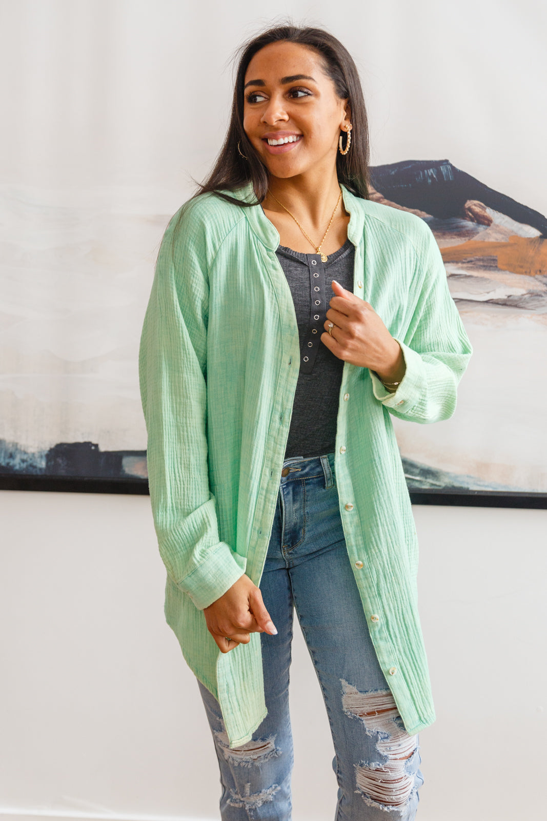 Corey Button Up Top In Vintage Green - White Birch