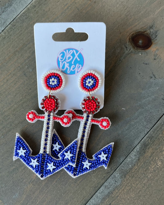 Patriotic Anchor Seed Beaded Earrings