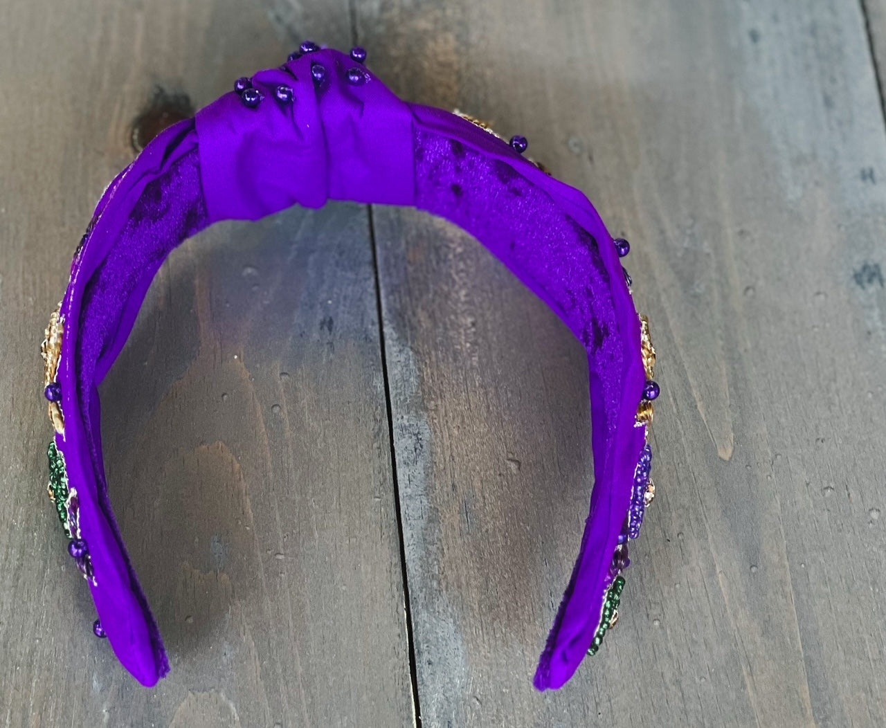Mardi Gras Seed Beaded Floral Hand Sewn Top Knot Purple Headband