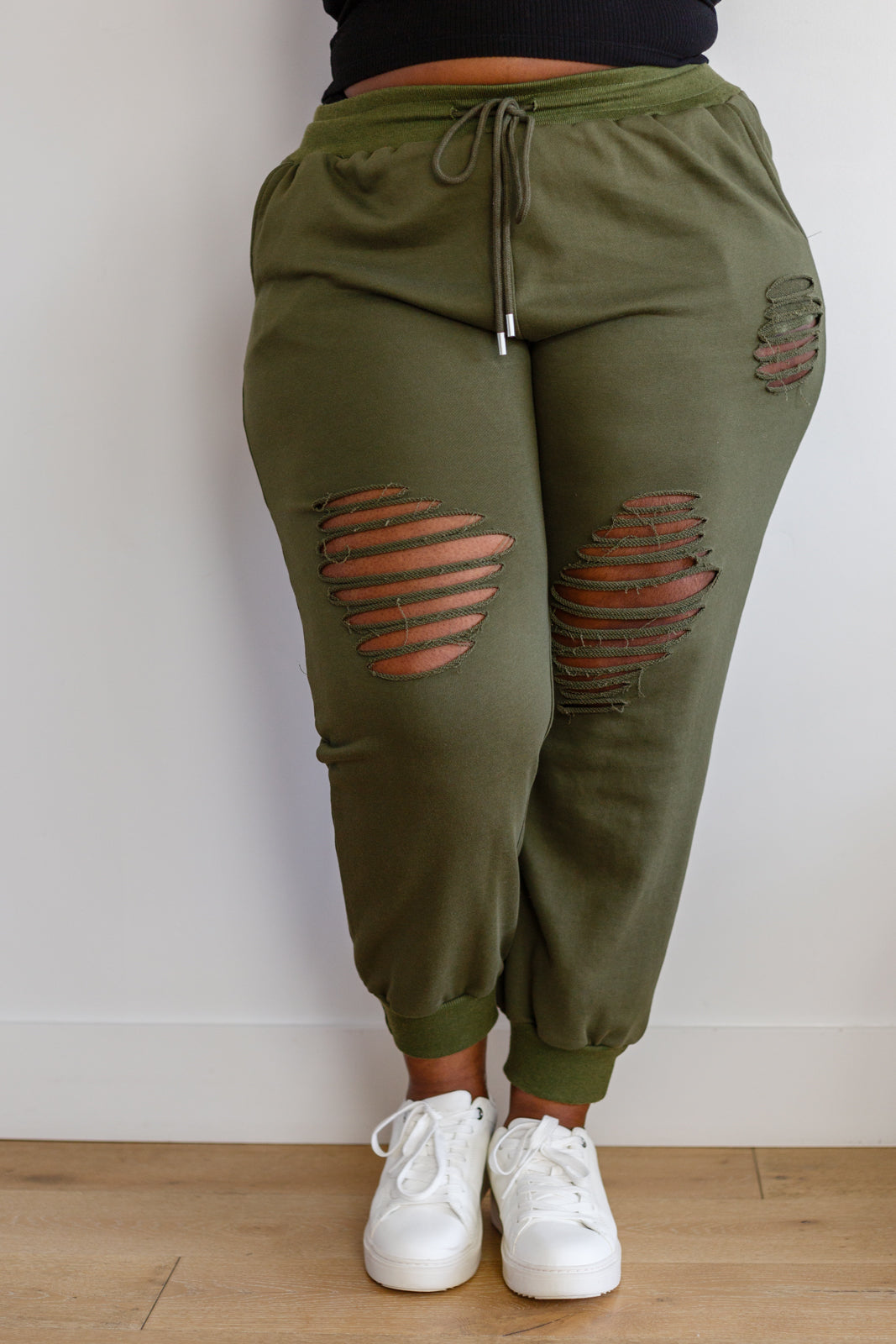Kick Back Distressed Joggers in Olive - White Birch