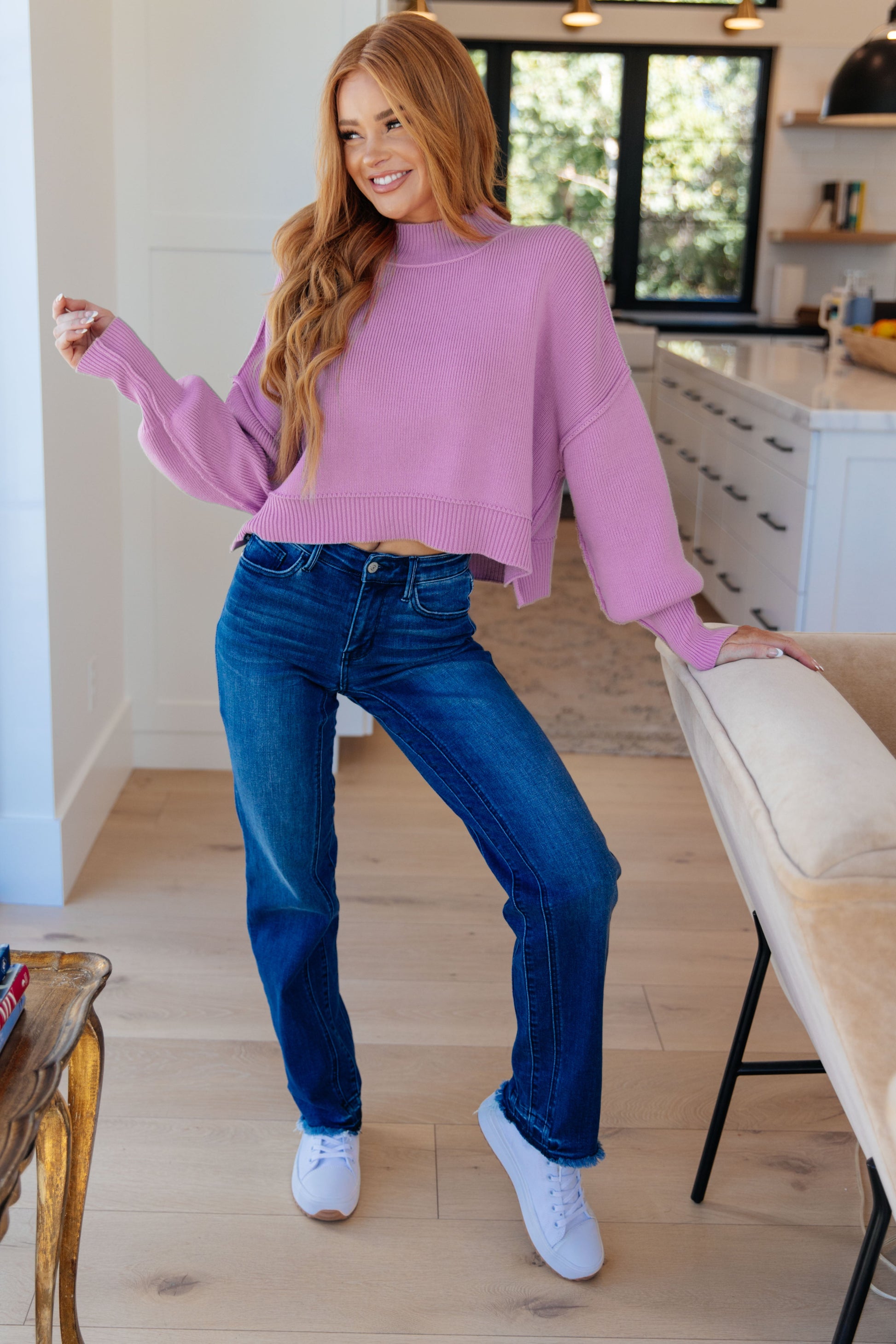 Mags Side Slit Cropped Sweater in Mauve - Zenana