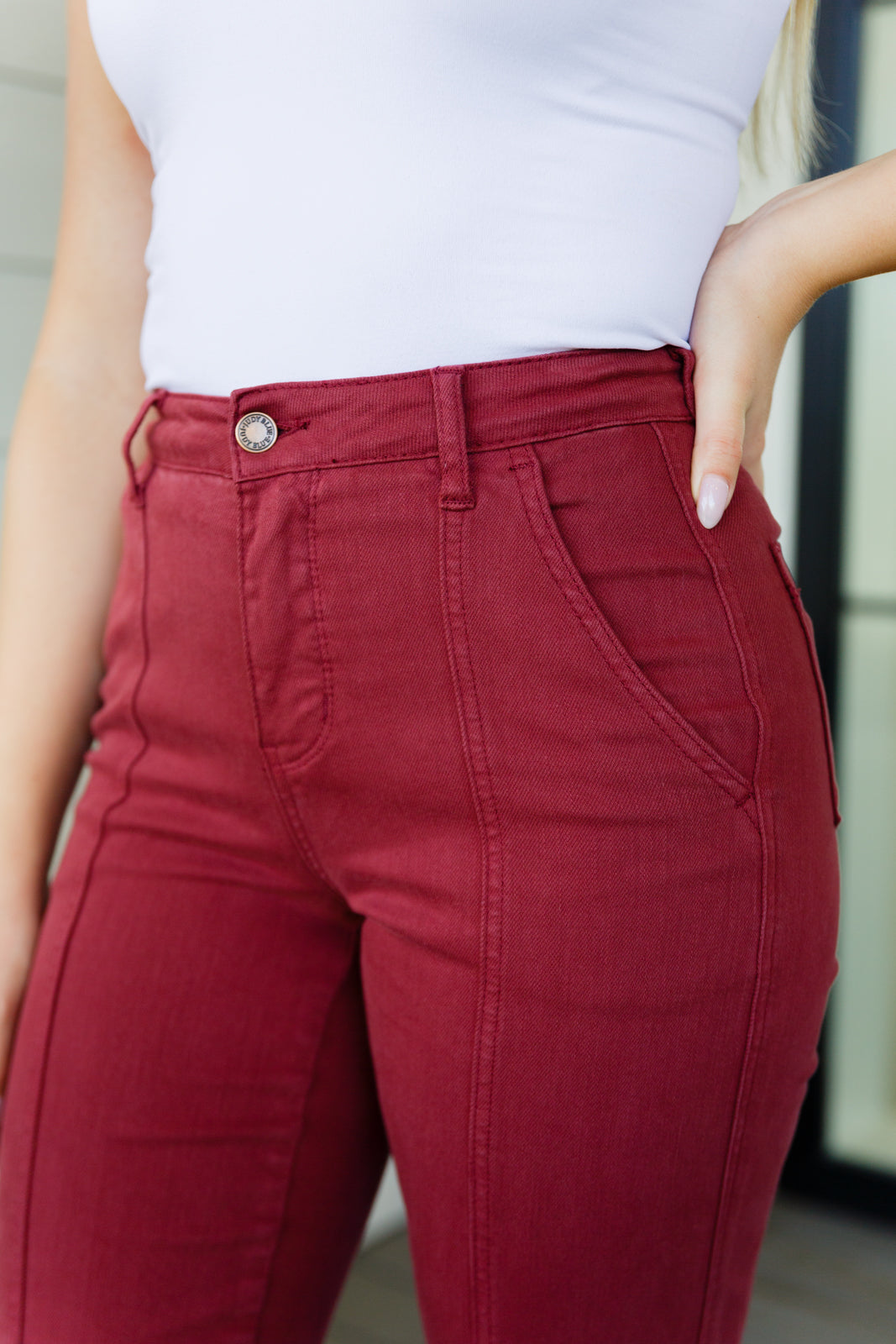 Phoebe High Rise Front Seam Straight Jeans in Burgundy - Judy Blue