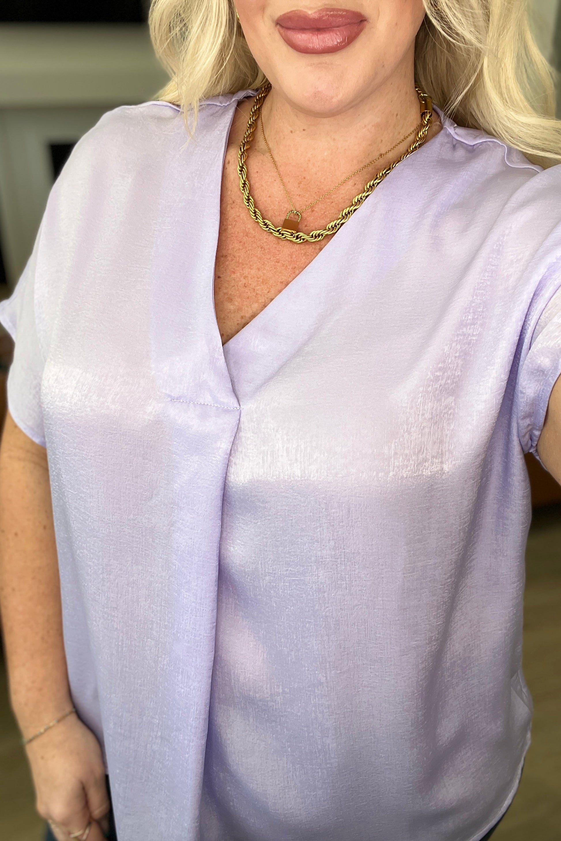 Satin Pleat Front V-Neck Top in Lavender - Andree By Unit