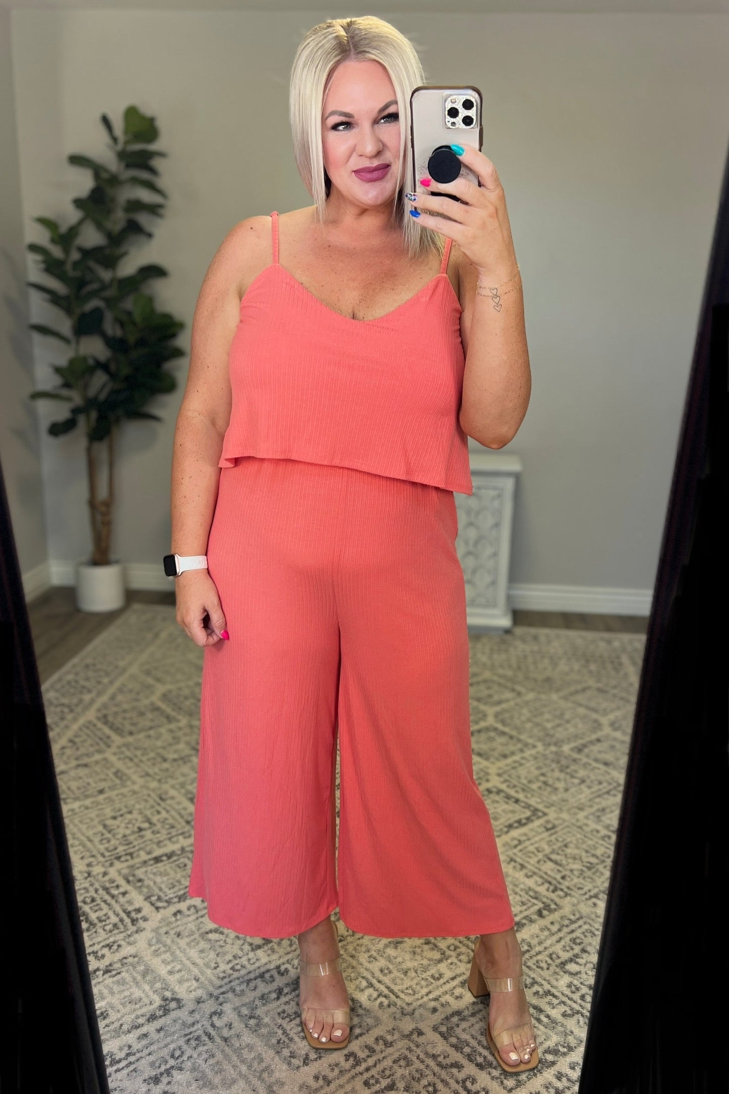 Ribbed Double Layer Jumpsuit in Deep Coral - Zenana