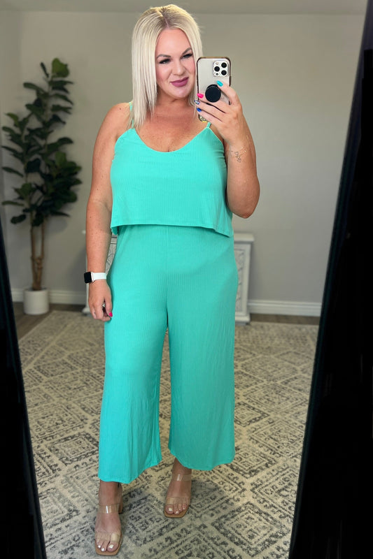 Ribbed Double Layer Jumpsuit in Mint - Zenana