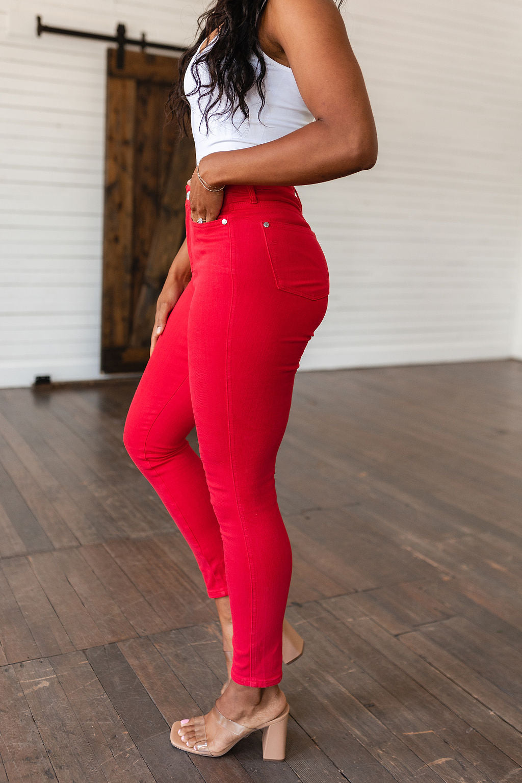 Ruby High Rise Control Top Garment Dyed Skinny Jeans in Red - Judy Blue