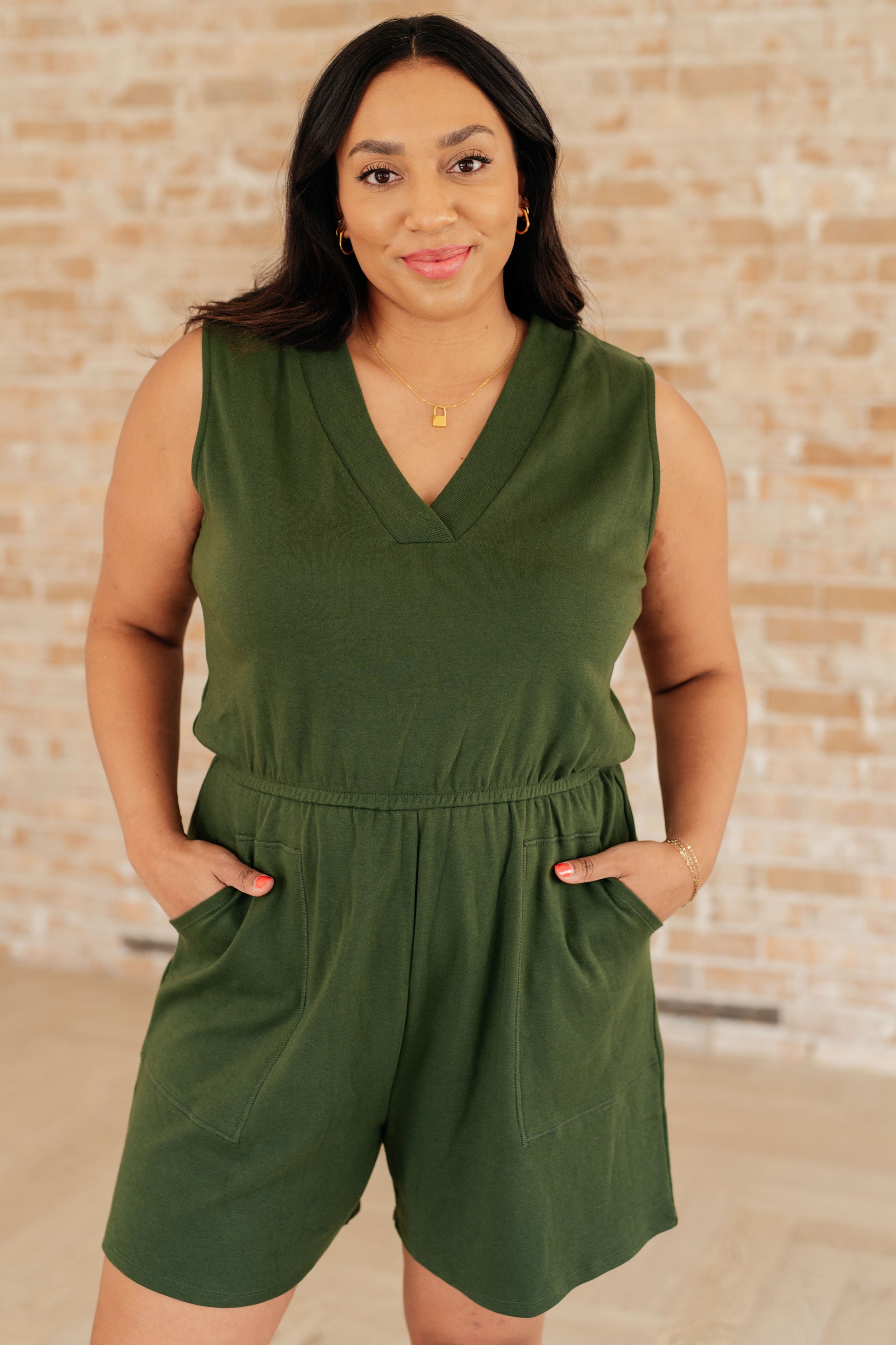 Sleeveless V-Neck Romper in Army Green - Zenana