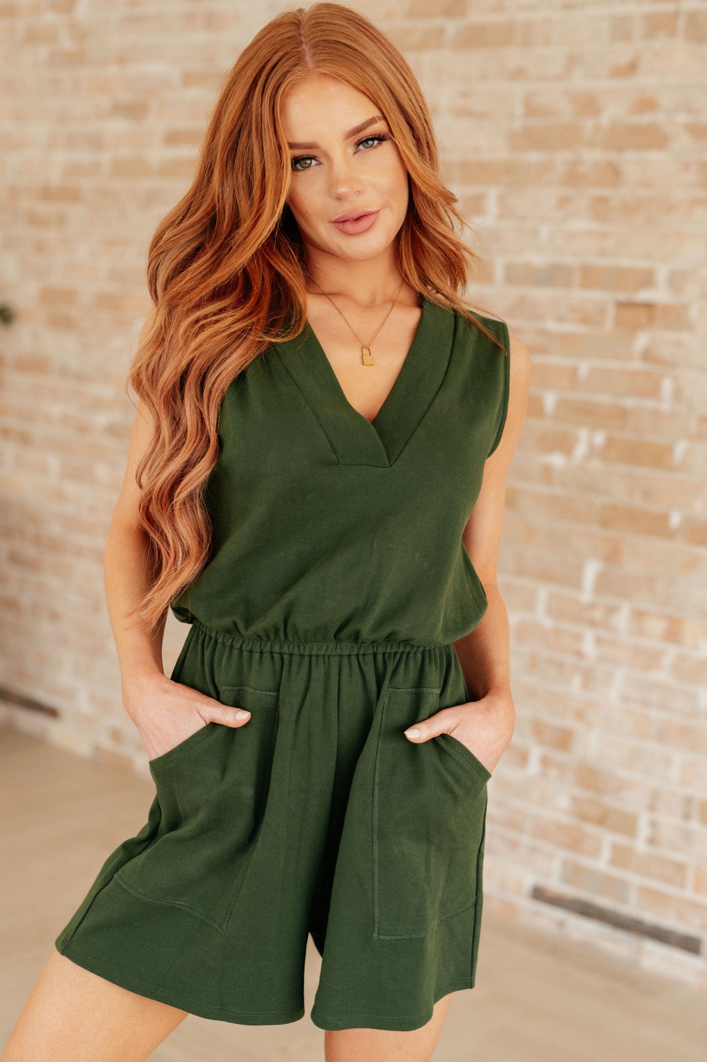 Sleeveless V-Neck Romper in Army Green - Zenana