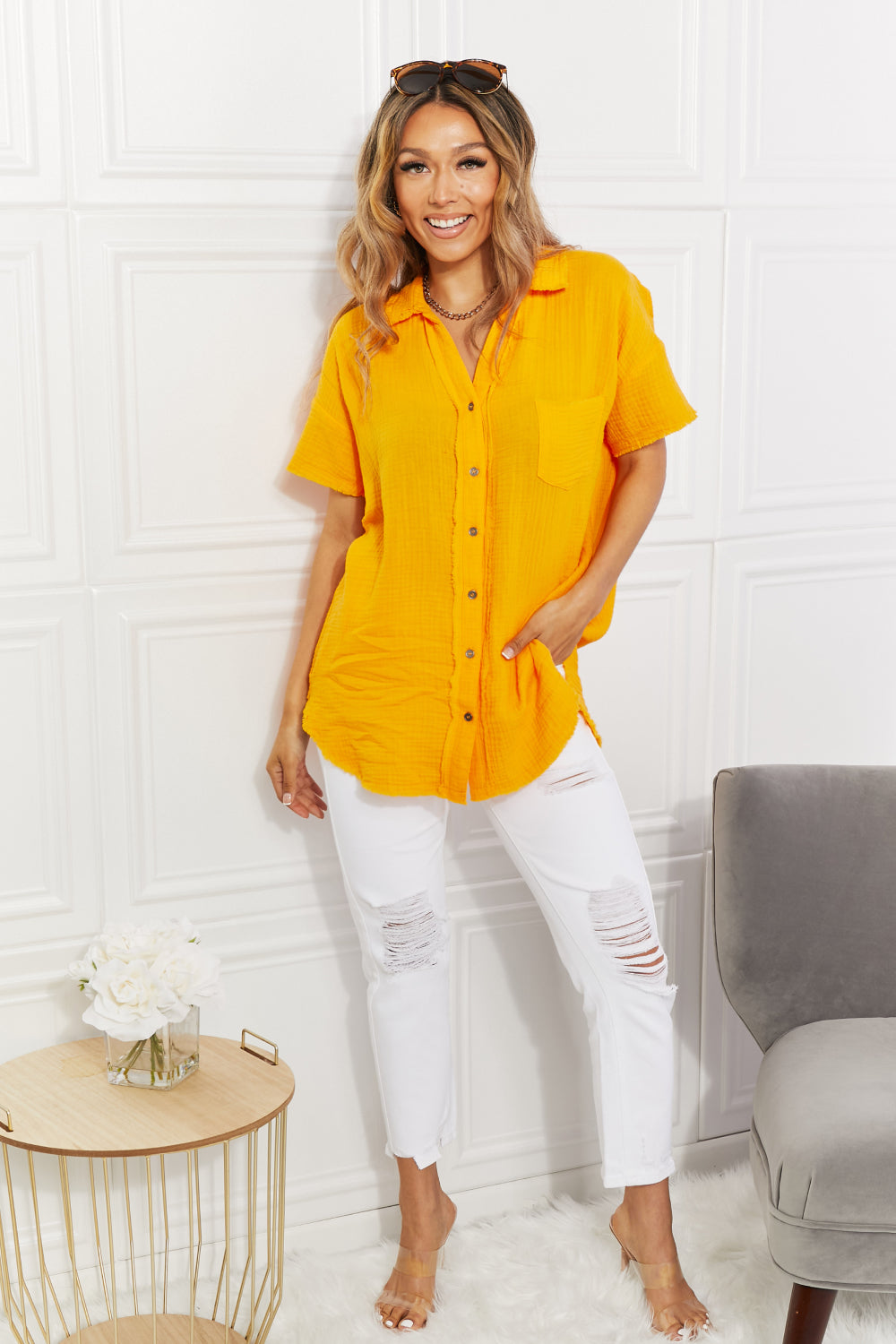 Zenana Summer Breeze Gauze Short Sleeve Shirt in Mustard