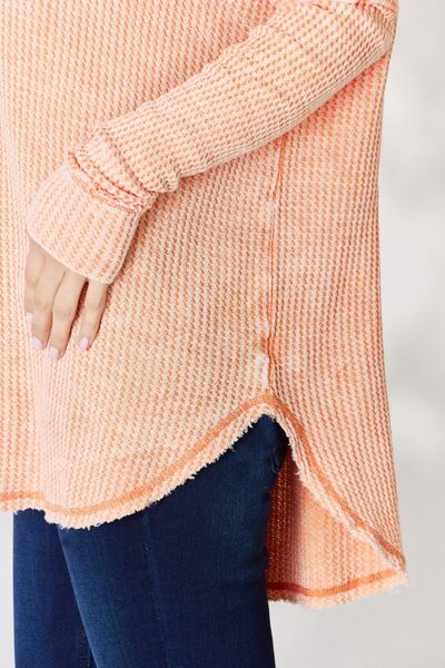 Zenana Oversized Washed Waffle Long Sleeve Top - Light Orange