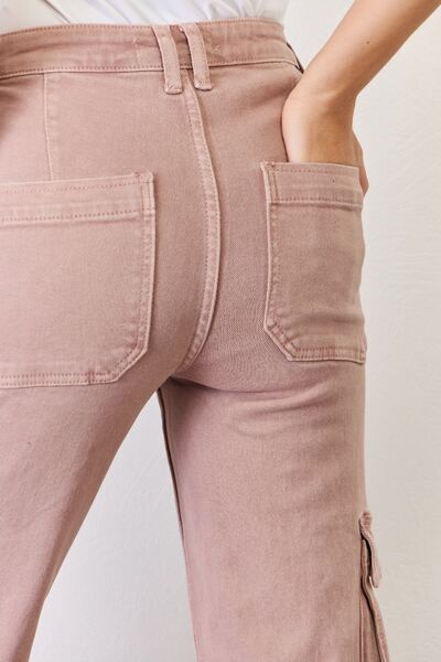 RISEN High Rise Cargo Wide Leg Jeans - Mauve