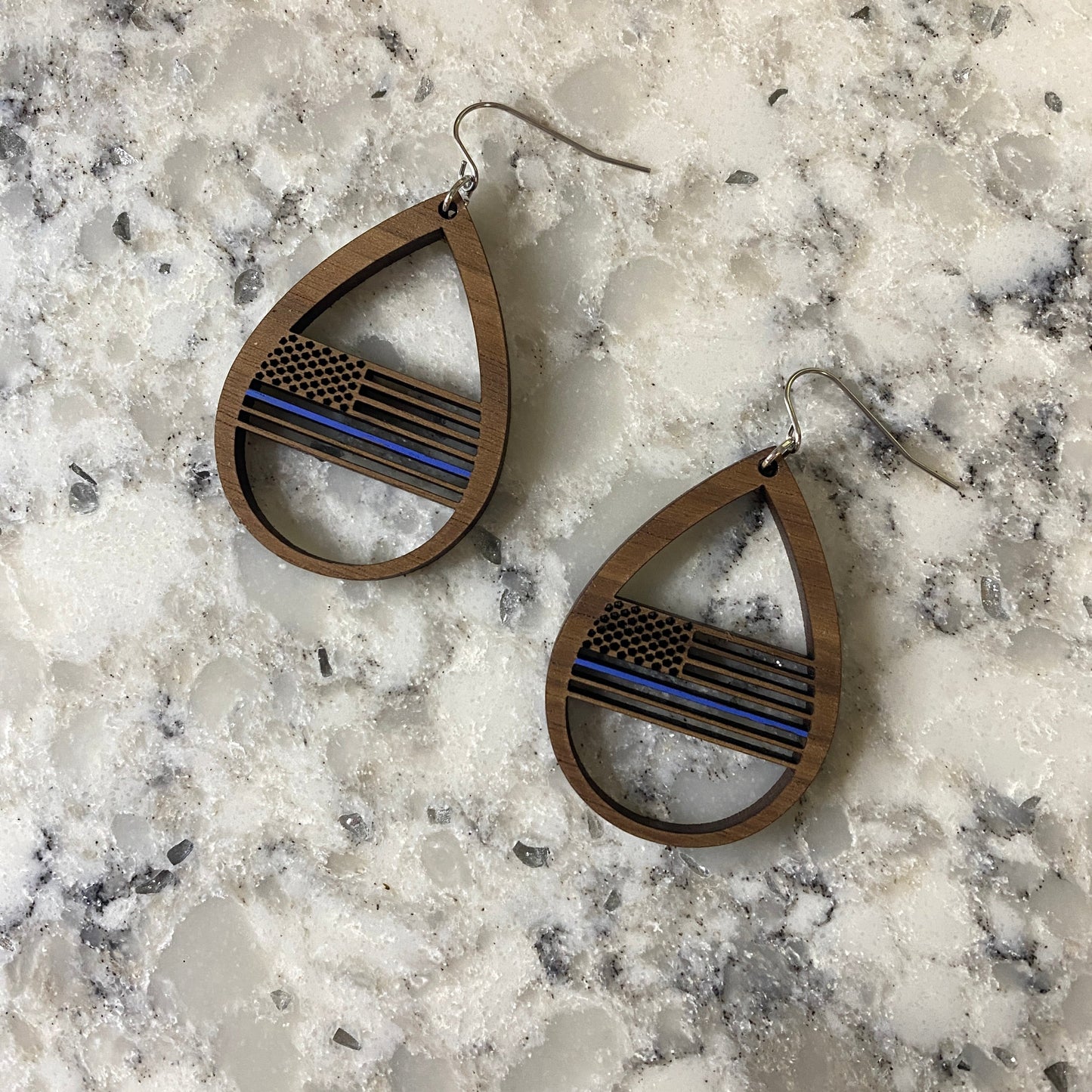Wooden Specialty Drop Earrings - Walnut Blue Line